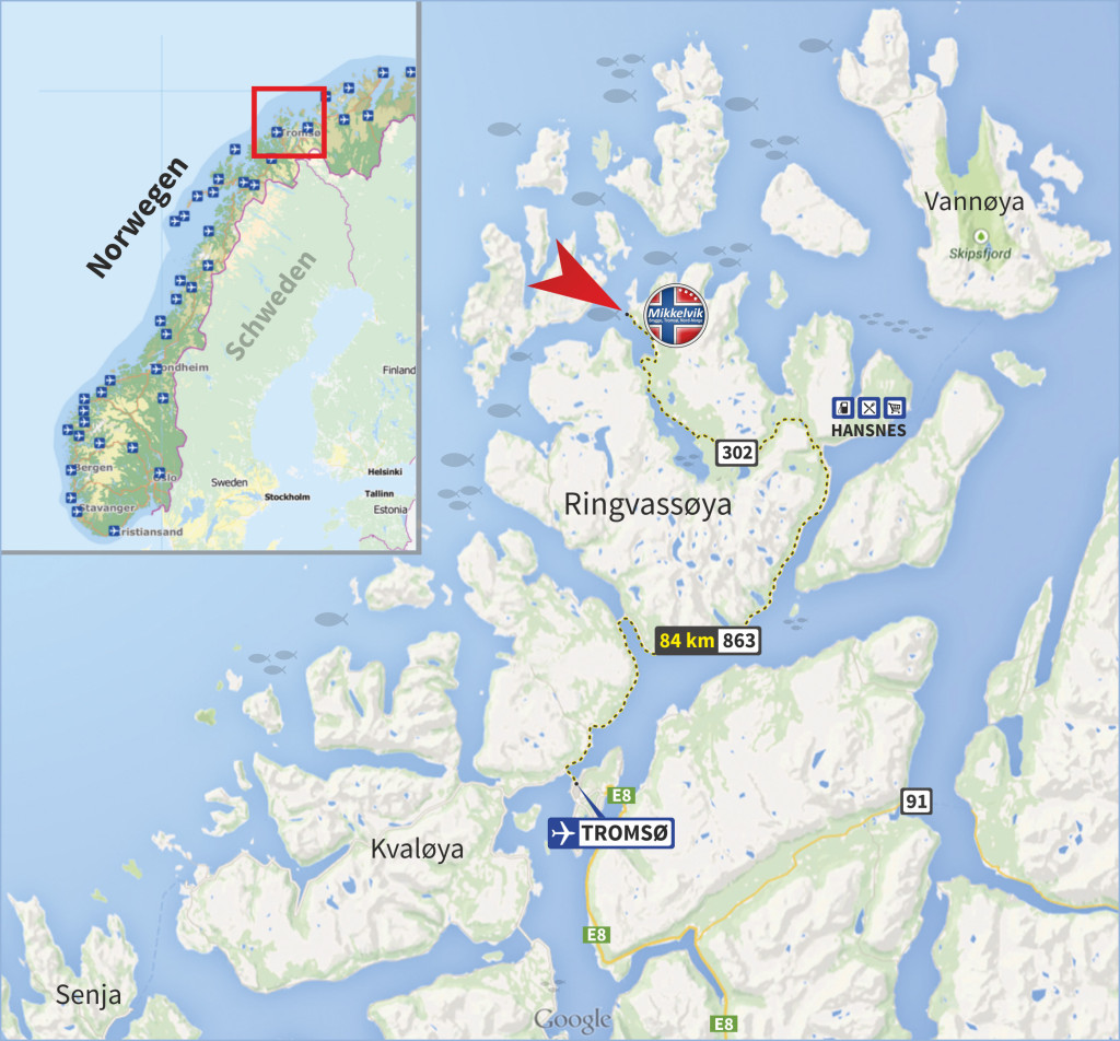 Die Lage der Meeresangel-Anlage in Mikkelvik, nur 84 km entfernt von Troms